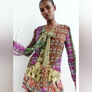 Zara Multicolor Neck Tie Blouse